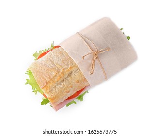 Tasty Sandwich With Ham Isolated On White, Top View