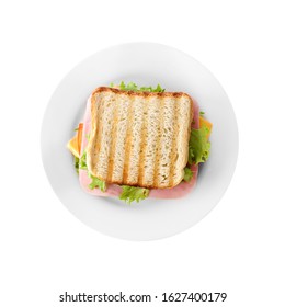 Tasty Sandwich With Ham Isolated On White, Top View