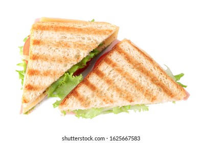 Tasty Sandwich With Ham On White Background, Top View