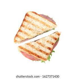 Tasty Sandwich With Ham On White Background, Top View