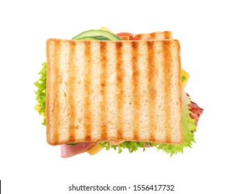 Tasty Sandwich With Toasted Bread Isolated On White, Top View