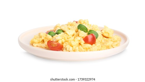 Tasty scrambled eggs with sprouts and cherry tomato isolated on white - Powered by Shutterstock