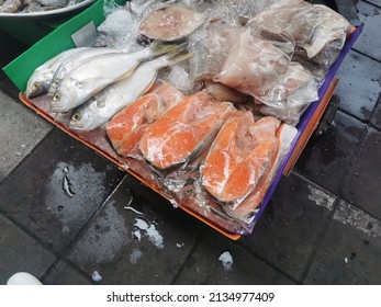 Tasty Sea Food On The Market Stall. Dead Fish On Ice Ready To Be Cooked.which Is Brought Daily At Dawn By Local Fishermen.selective Focus.