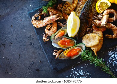 Tasty Seafood On A Table Of A Restaurant Cuisine. Mediterranean Cuisine.