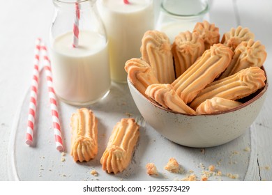 Tasty shortbread cookies as crunchy and vanilla snack on white table