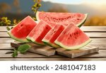 Tasty sliced watermelon on table outdoors" depicts an image of freshly sliced watermelon pieces arranged on a table set in an outdoor environment.