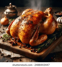 Tasty Smoky Whole Roasted Chicken on Rustic Wood - Powered by Shutterstock