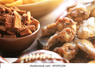 Tasty Snacks Prepared For Super Bowl Party, Close Up View