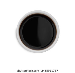 Tasty soy sauce in bowl isolated on white, top view