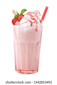 Tasty strawberry milk shake in glass on white background