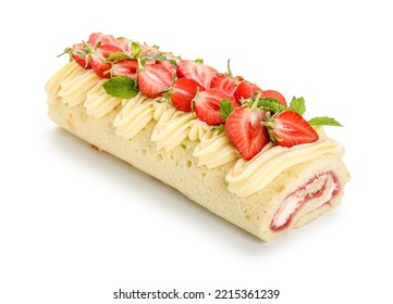 Tasty Strawberry Roll Cake On White Background