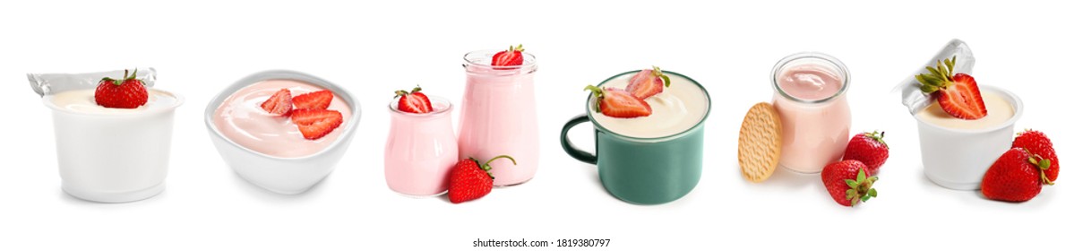 Tasty strawberry yogurt on white background