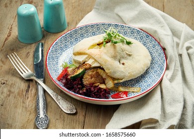 Tasty Street Food - Pita With Tomatoes, Cucumbers In Blue Blate On Wooden Background. Greek Cuisine. Close Up View. Shwarma