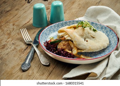 Tasty Street Food - Pita With Tomatoes, Cucumbers In Blue Blate On Wooden Background. Greek Cuisine. Close Up View. Shwarma