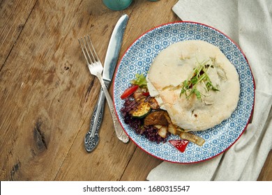 Tasty Street Food - Pita With Tomatoes, Cucumbers In Blue Blate On Wooden Background. Greek Cuisine. Close Up View. Shwarma