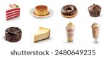 tasty summer sweets and desserts, milkshakes isolated on white background. desserts set, collection. Chocolate lava cake, cheese cake, donut, milk shake, red velvet cake slice, chocolate muffin. 