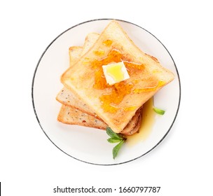 Tasty Toasted Bread With Honey And Butter On White Background