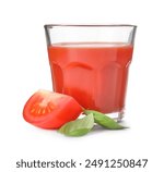 Tasty tomato juice in glass, basil and fresh vegetable isolated on white