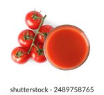 Tasty tomato juice in glass and fresh vegetables isolated on white, top view