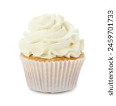 Tasty vanilla cupcake with cream isolated on white