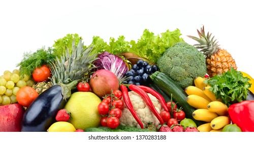 Tasty vegetables, fruits and berries isolated on white background.