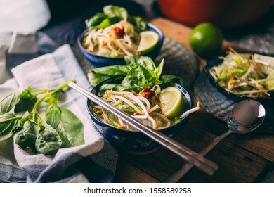 Tasty Vietnamese Pho Soup With Rice Noodles And Chicken. Homemade Kitchen