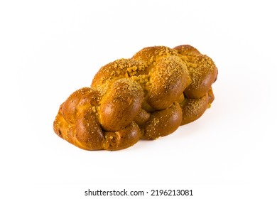 Tasty-looking Braided Jewish Challah Bread With Lots Of Golden-colored Crumble Topping. Isolated On White Background Studio Shot. Single Baking Product. High Quality Photo