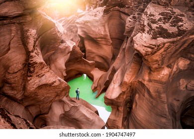 Tasyaran canyon, which attracts attention with its rock shapes similar to Antelope canyon in Arizona, offers a magnificent view to its visitors. Canyon view and stream at sunset.