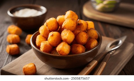 Tater Tots: Crispy, bite-sized grated potato nuggets, fried or baked to golden perfection. - Powered by Shutterstock