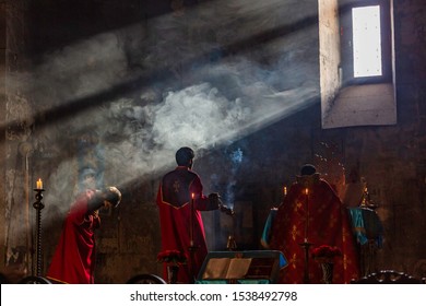 Tatev , Armenia - August 19, 2019 : mass service at the Tatev monastery landmark of Syunik province Armenia eastern Europe