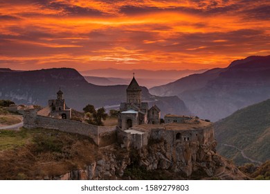 Tatev Monastery at sunrise in the mountains. Tatev, Armenia