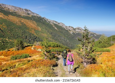 TATRA MOUNTAINS, POLAND - OCTOBER 3, 2015: Tourists Visit Czerwone Wierchy Area In Autumn Tatra Mountains, Poland. Tatra National Park Was Visited By 2.7 Million People In 2013.