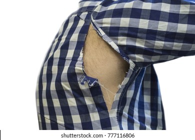 Tattered Shirt In The Armpit, Old Checkered Shirt With A Torn Hole
