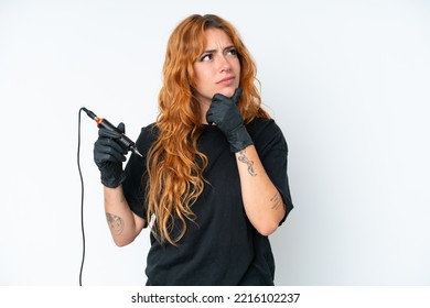 Tattoo Artist Caucasian Woman Isolated On White Background Having Doubts