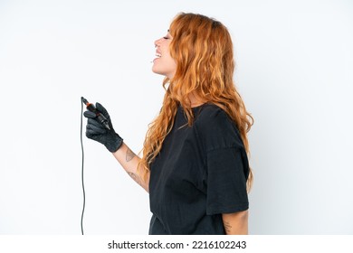 Tattoo Artist Caucasian Woman Isolated On White Background Laughing In Lateral Position