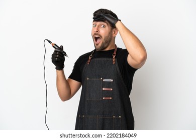 Tattoo Artist Man Isolated On White Background Doing Surprise Gesture While Looking To The Side