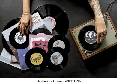 Tattoo Woman With Music Vinyl Record Disc With Player