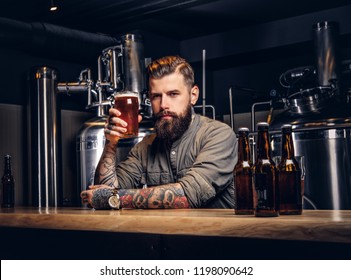 Tattooed Hipster Male With Stylish Beard And Hair Drinking Beer Sitting At The Bar Counter In The Indie Brewery.