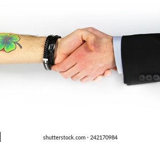 Tattooed Man And Businessman Hand Shake Isolated On White Background