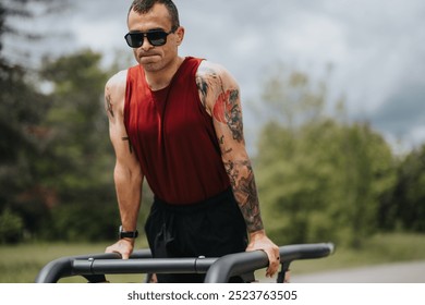 A tattooed, muscular man in sunglasses and a red tank top determinedly exercises on horizontal bars in an urban green park, exhibiting focus and strength. - Powered by Shutterstock