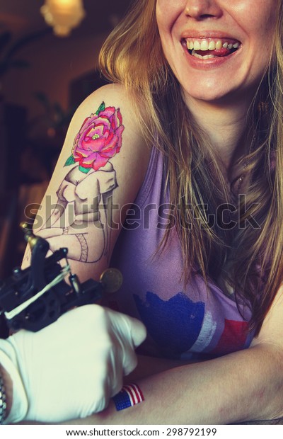 Tattooer Showing Process Making Tattoo On Stock Photo Edit Now