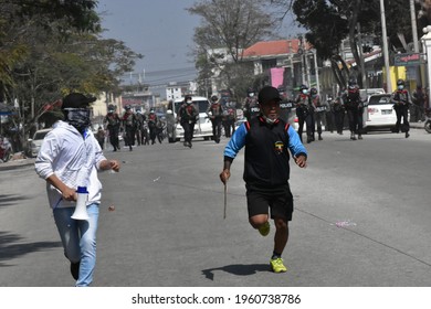 Taunggyi, Myanmar - 10 March 2021: Myanmar Security Forces Cracking Down On Anti-coup Protesters