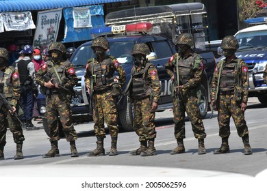 Taunggyi, Myanmar - 10 March 2021: Military Officers On Duty Before The Crackdown On Protests