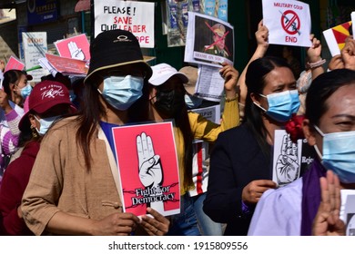 Taunggyi, Myanmar - 13 Feb 2021: Myanmar People Took To The Streets To Demonstrate Against The Military Power