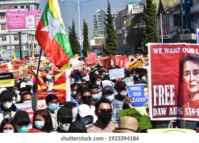 Taunggyi, Myanmar - 20 Feb 2021: Myanmar People Took To The Streets To Protest Against The Military Coup