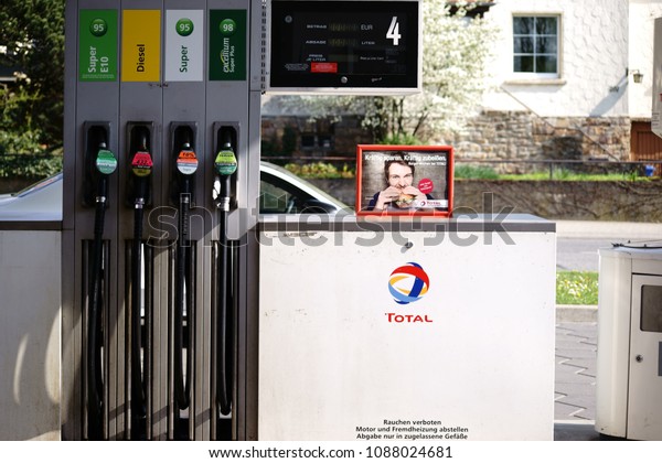 TAUNUSSTEIN-WEHEN, GERMANY - APRIL 21:\
Several petrol pumps for refueling of super unleaded, diesel and\
environmentally friendly E10 at a Total gas station on April 21,\
2018 in\
Taunusstein-Wehen