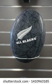 TAUPO, NEW ZEALAND- 2 AUG 2018- View Of Fan Souvenirs For The New Zealand All Blacks (New Zealand National Rugby Union Team) For Sale In A Gift Shop.