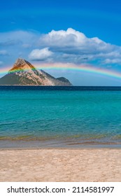 Tavolara Island, Scenic View Of Island And Full Rainbow In A Unique Moment