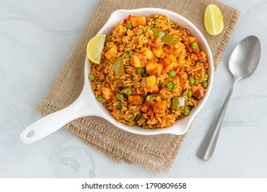 Tawa Pulao - Popular Indian Street Food Made With Rice And Vegetables, Top Down Flat Lay Food Photography