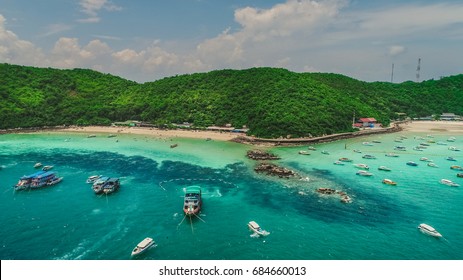 Tawaen and Tong Lang beach aerial. Koh Larn island and his tropical beaches. Beautiful Thailand seaside landscape.Crystal clear water beach with speed boats anchored. Pattaya city, Thailand. - Powered by Shutterstock